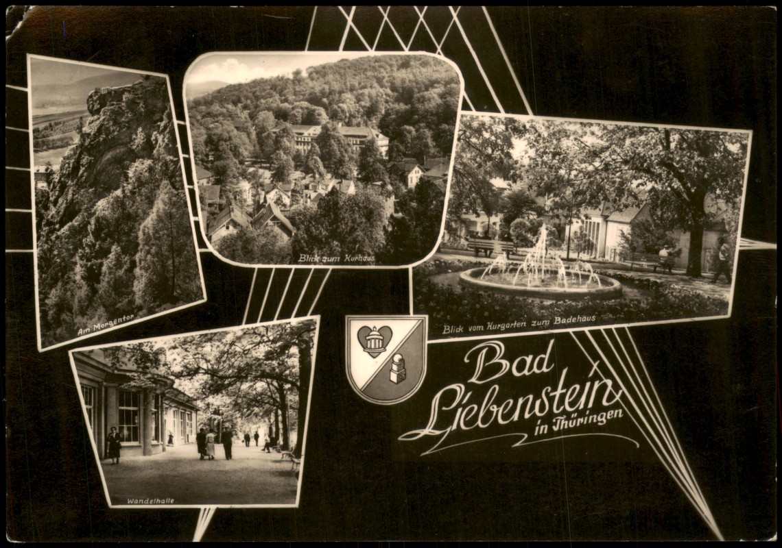 vergrößern: Bildseite historische Ansichtskarte von 1967: Mehrbildkarte mit Kurhaus, Badehaus, Wandelhalle und Morgentor:: Bad Liebenstein
