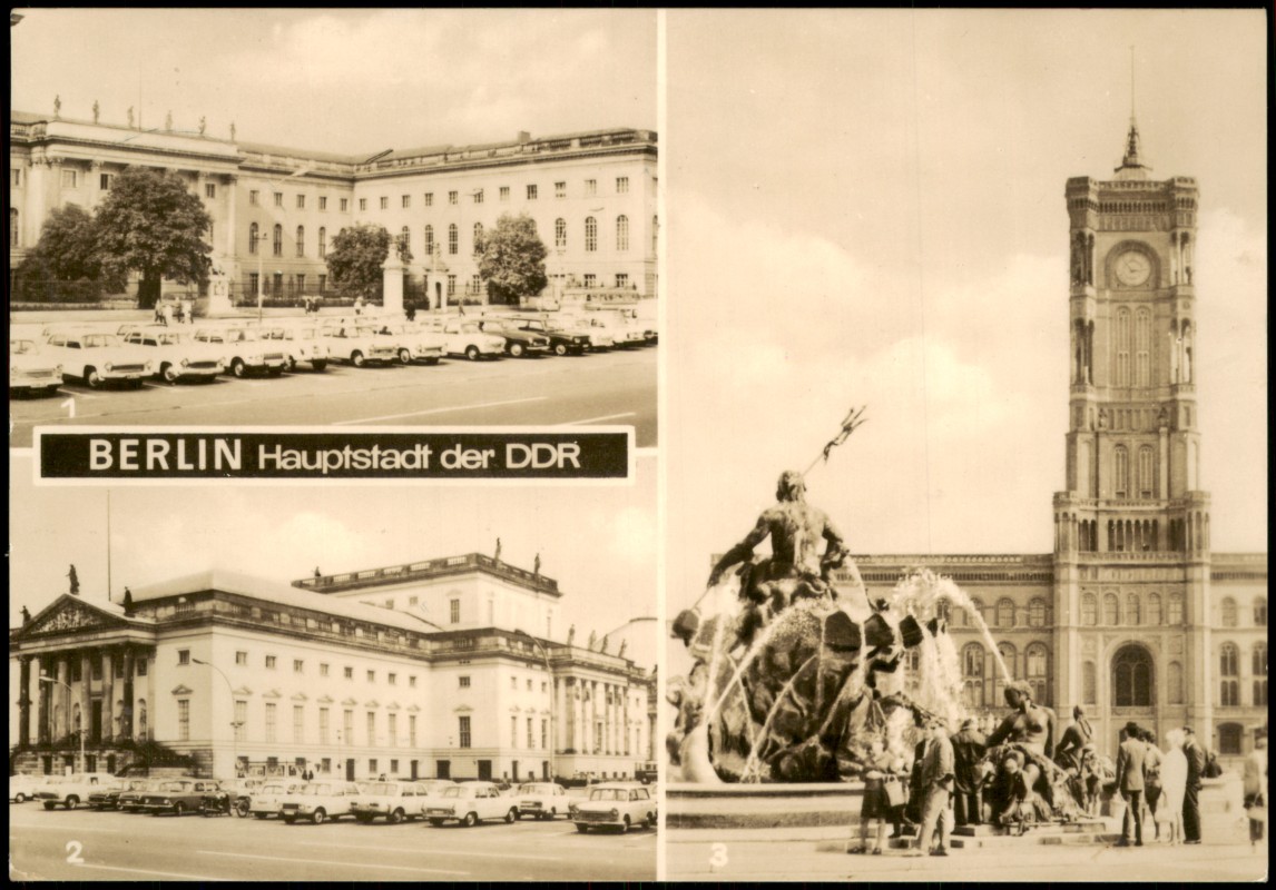 zoom: Image side vintage Postcard from 1971: Mehrbildansicht mit Humboldt-Universität, Staatsoper und Rathaus mit Neptunbrunnen:: Mitte-Berlin