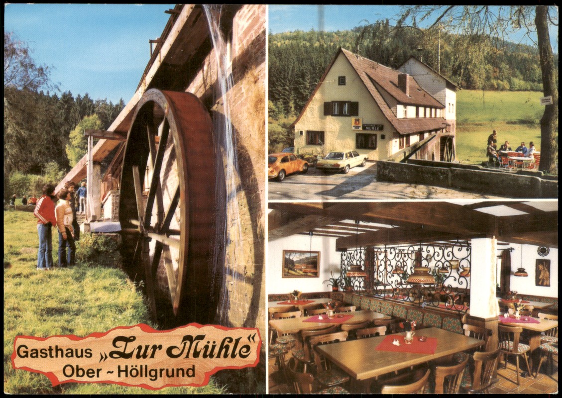 zoom: Image side vintage Postcard from 1980: Gasthaus Zur Mühle, Waldbrunn-Oberhöllgrund:: Waldbrunn (Odenwald)