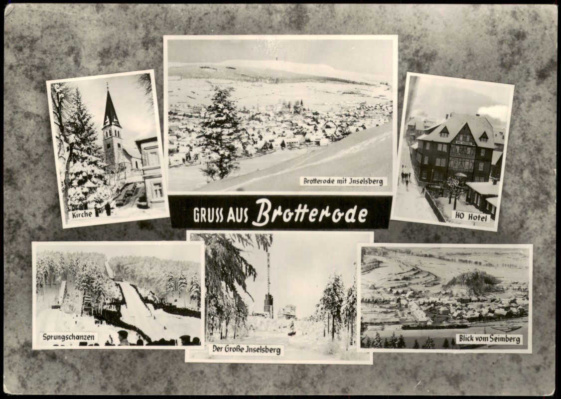 zoom: Image side vintage Postcard from 1964: DDR Mehrbild-AK mit Sprungshanze, HO Hotel, Kirche uvm.:: Brotterode