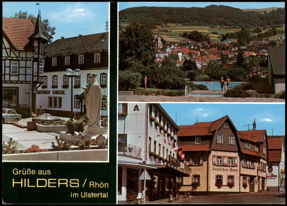 zoom: Image side vintage Postcard from 1980: Mehrbildkarte Ortsansichten u.a. Gasthof Engel, Deutsches Haus, Freibad:: Hilders (Rhön)