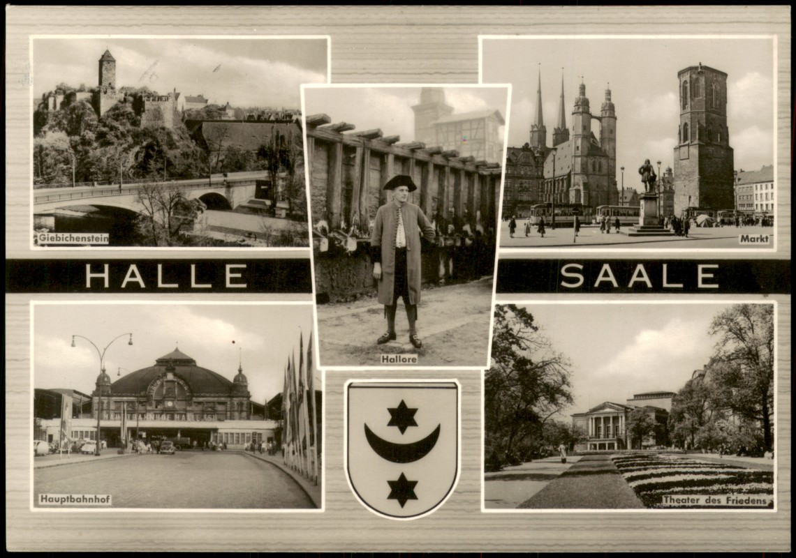 vergrößern: Bildseite historische Ansichtskarte von 1964: DDR Mehrbild-AK u.a. mit Hauptbahnhof, Markt, Hallore, Theater:: Halle (Saale)