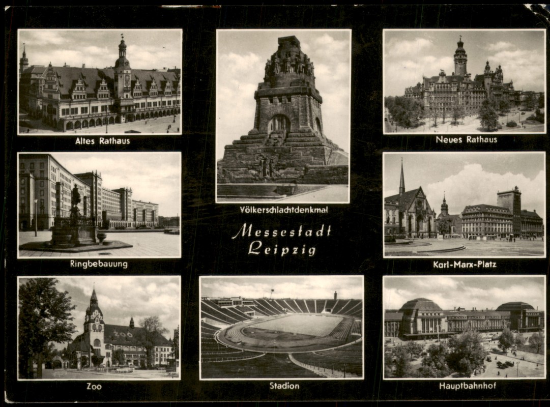 zoom: Image side vintage Postcard from 1960: DDR Mehrbild-AK u.a. mit 8 Stadt-Ansichten u.a. Stadion, Bahnhof uvm.:: Leipzig