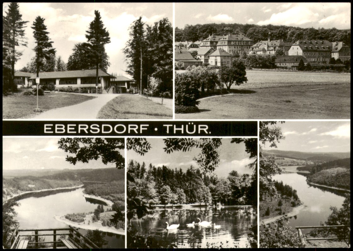zoom: Image side vintage Postcard from 1976: Mehrbildansicht mit Schloss, Park und Saale-Landschaft:: Ebersdorf-Saalburg-Ebersdorf (Saale)