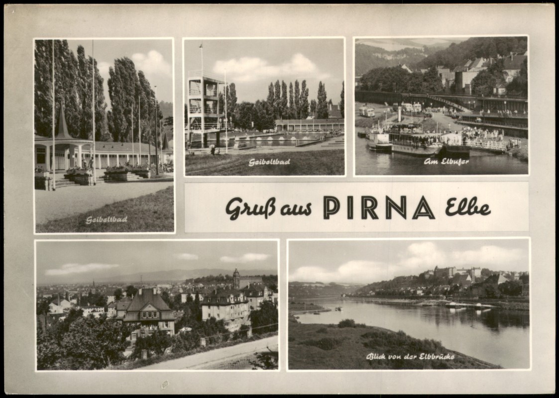 zoom: Image side vintage Postcard from 1967: DDR Mehrbild-AK mit Geibeltbad, Schiffe am Elbe-Ufer uvm.:: Pirna