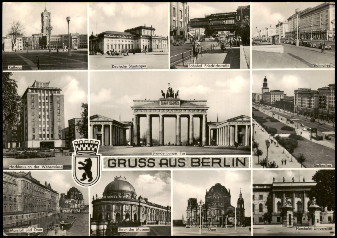 zoom: Image side vintage Postcard from 1960: DDR MB Ost-Berlin u.a. Stalinallee Hochhaus an der Weberwiese Brandenburger Tor:: Berlin
