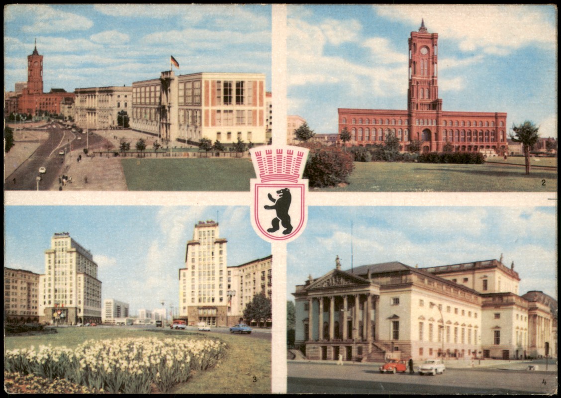 zoom: Image side vintage Postcard from 1967: MB mit Staatsratsgebäude, Rathaus, Strausberger Platz und Staatsoper:: Friedrichshain-Berlin