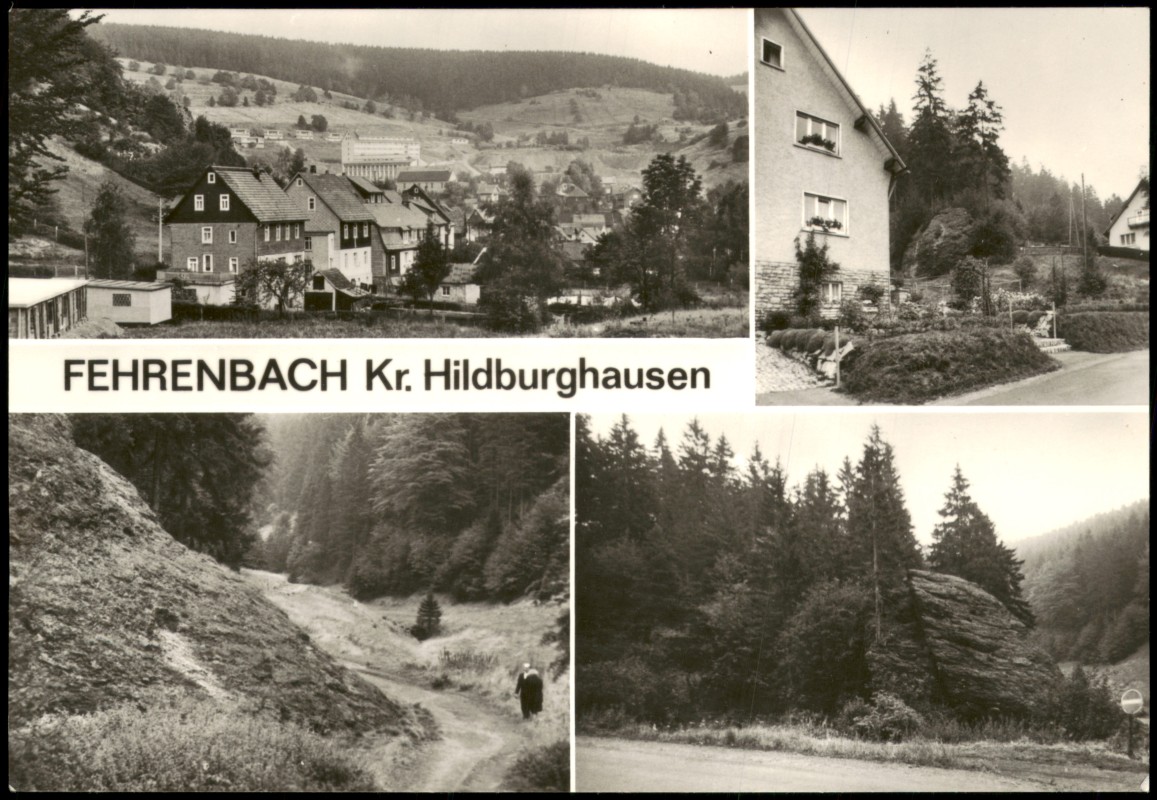 vergrößern: Bildseite historische Ansichtskarte von 1979: DDR Mehrbild-AK u.a. mit dem Eselsgrund:: Fehrenbach