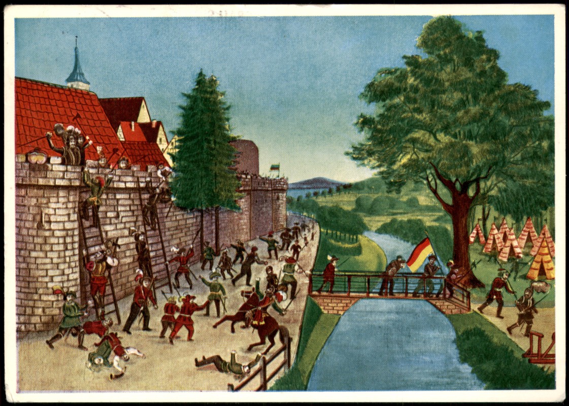 vergrößern: Bildseite historische Ansichtskarte von 1380: Historische Belagerung:: Crailsheim