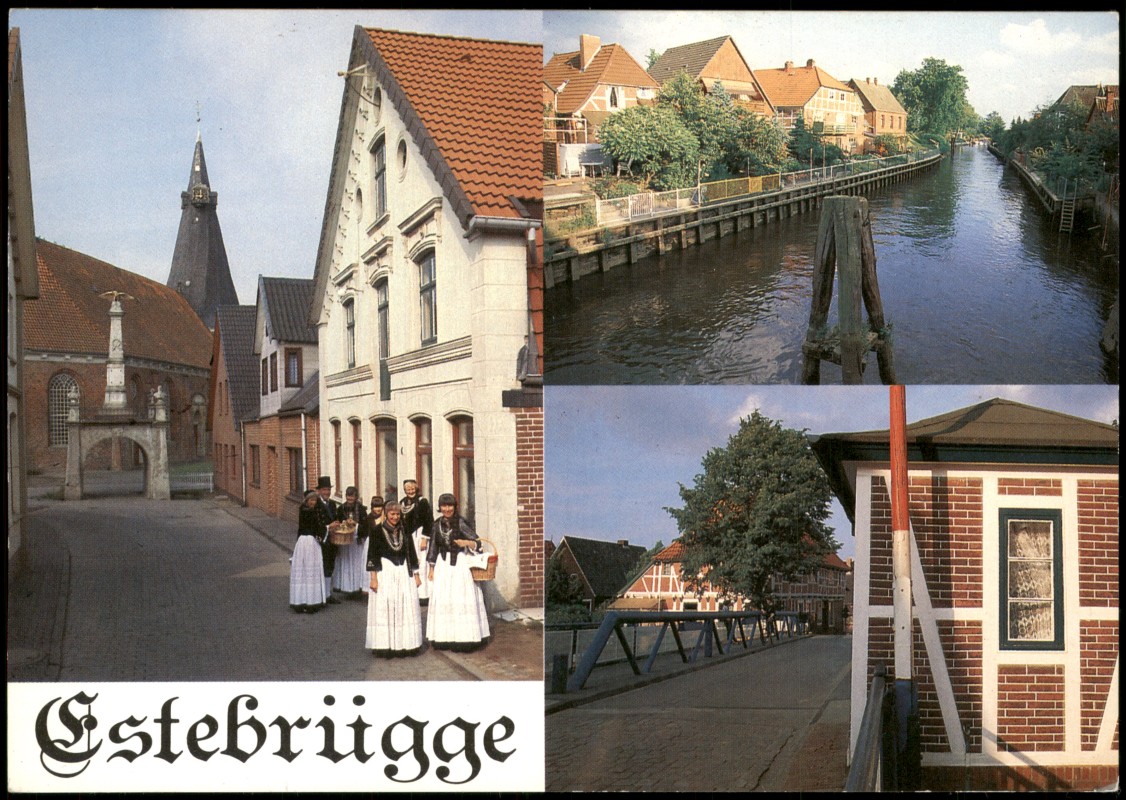 vergrößern: Bildseite historische Ansichtskarte von 1980: Mehrbild-AK Altes Land Steinweg Partie an der Este Drehbrücke:: Estebrügge-Jork