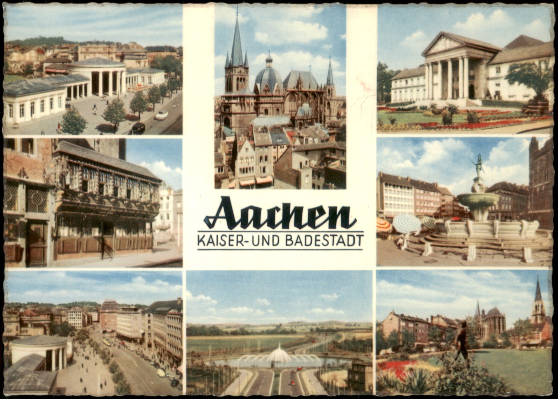 zoom: Image side vintage Postcard from 1959: Mehrbildkarte Aachen - Kaiser- und Badestadt:: Aachen
