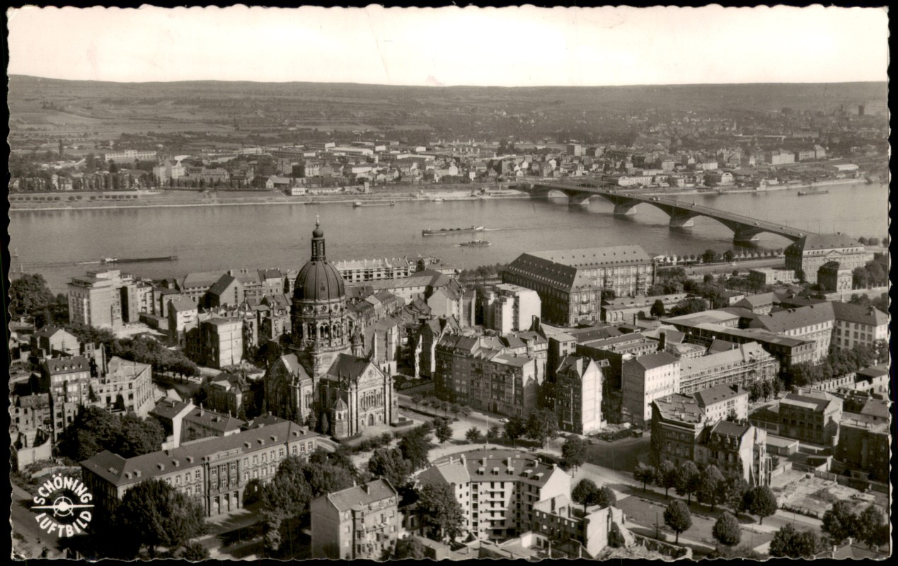 vergrößern: Bildseite historische Ansichtskarte von 1956: Luftbild Fliegeraufnahme:: Mainz