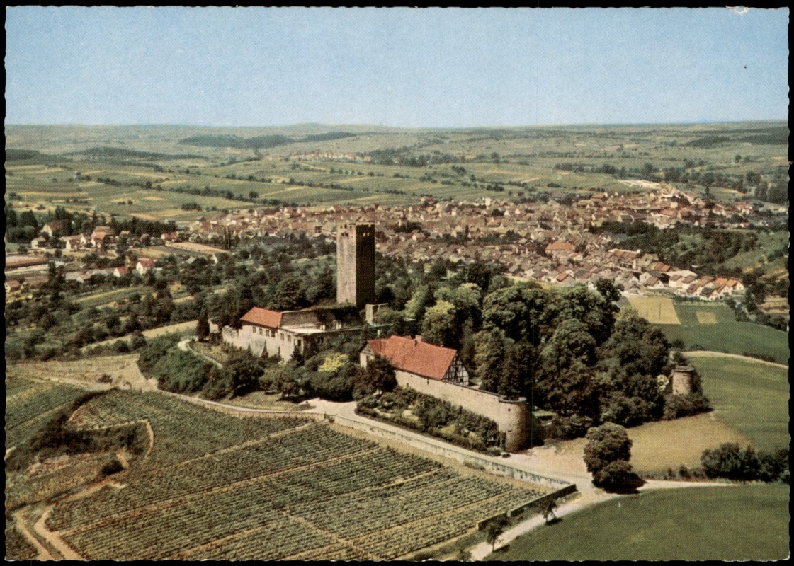 zoom: Image side vintage Postcard from 1971: Luftaufnahme Luftbild Restaurant Burg Ravensburg:: Sulzfeld am Main
