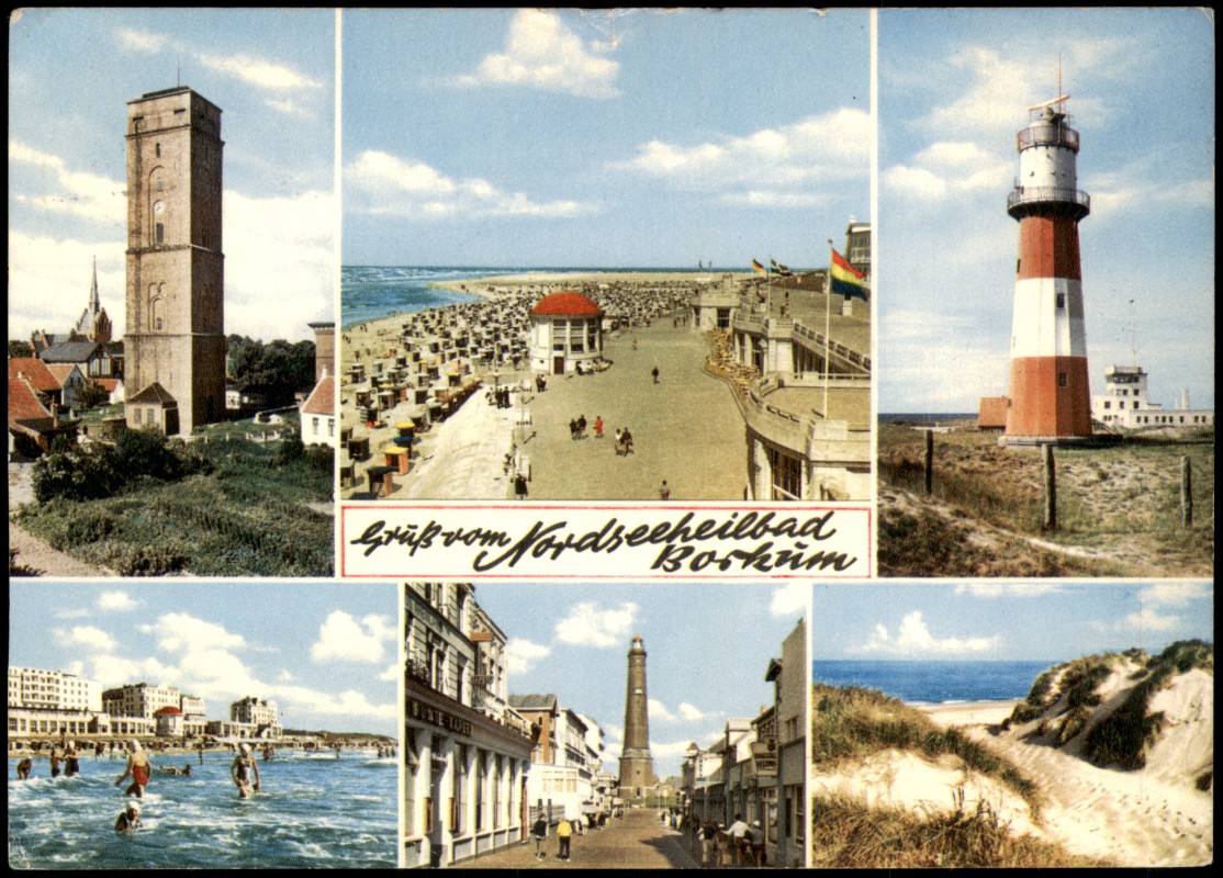 zoom: Image side vintage Postcard from 1970: Mehrbildkarte Grüße vom Nordseeheilbad Ortsansichten u.a. Leuchtturm:: Borkum