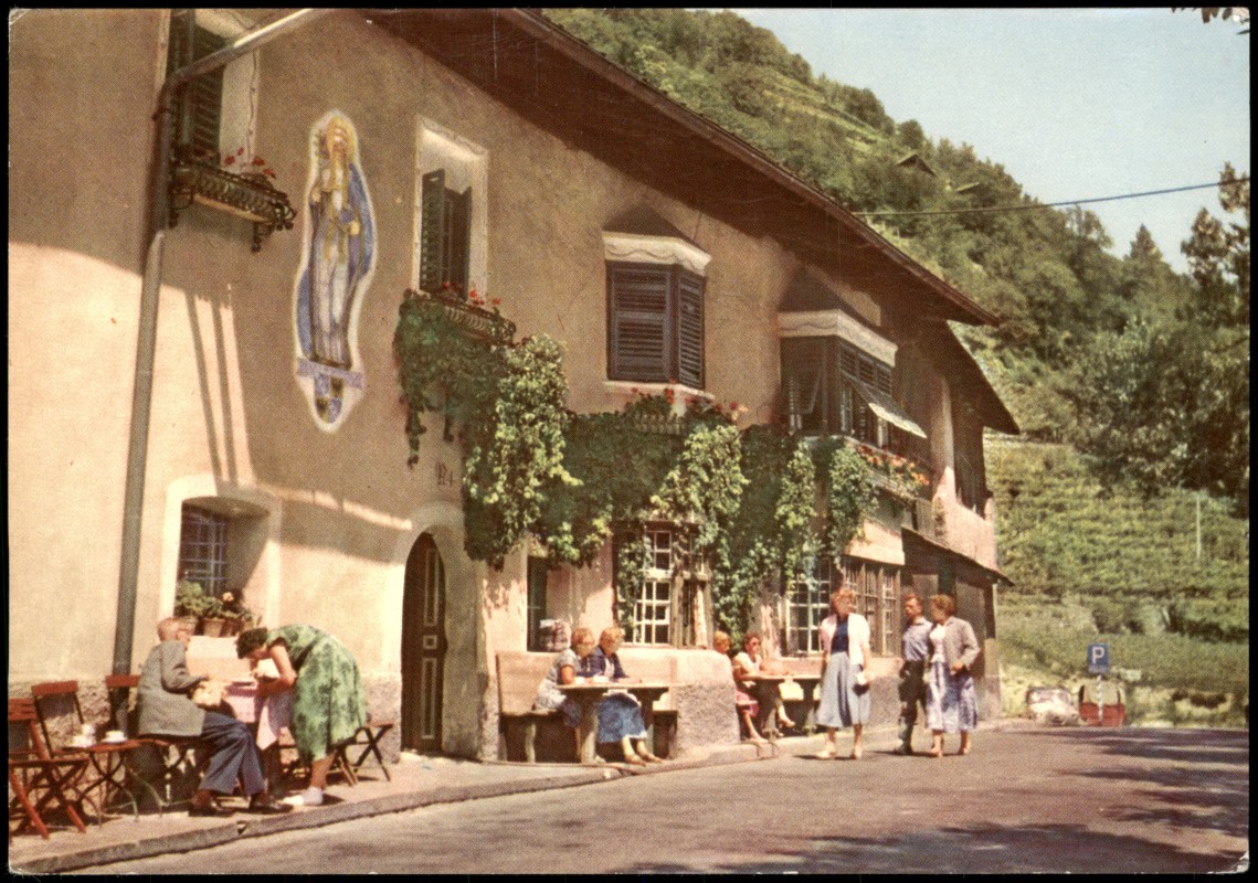 vergrößern: Bildseite historische Ansichtskarte von 1965: Restaurant Zum Kalten Keller (Cantina Fredda):: Bozen