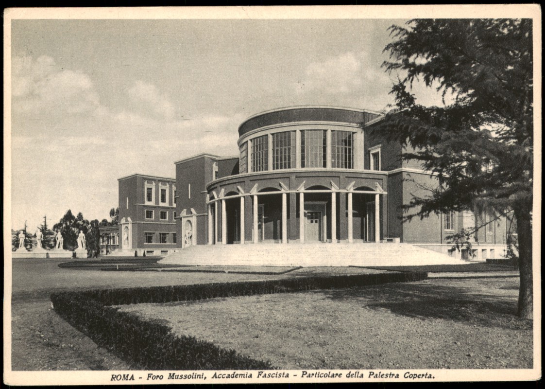 zoom: Image side vintage Postcard from 1935: Accademia Fascista - Palestra Coperta (Foro Mussolini):: Rome