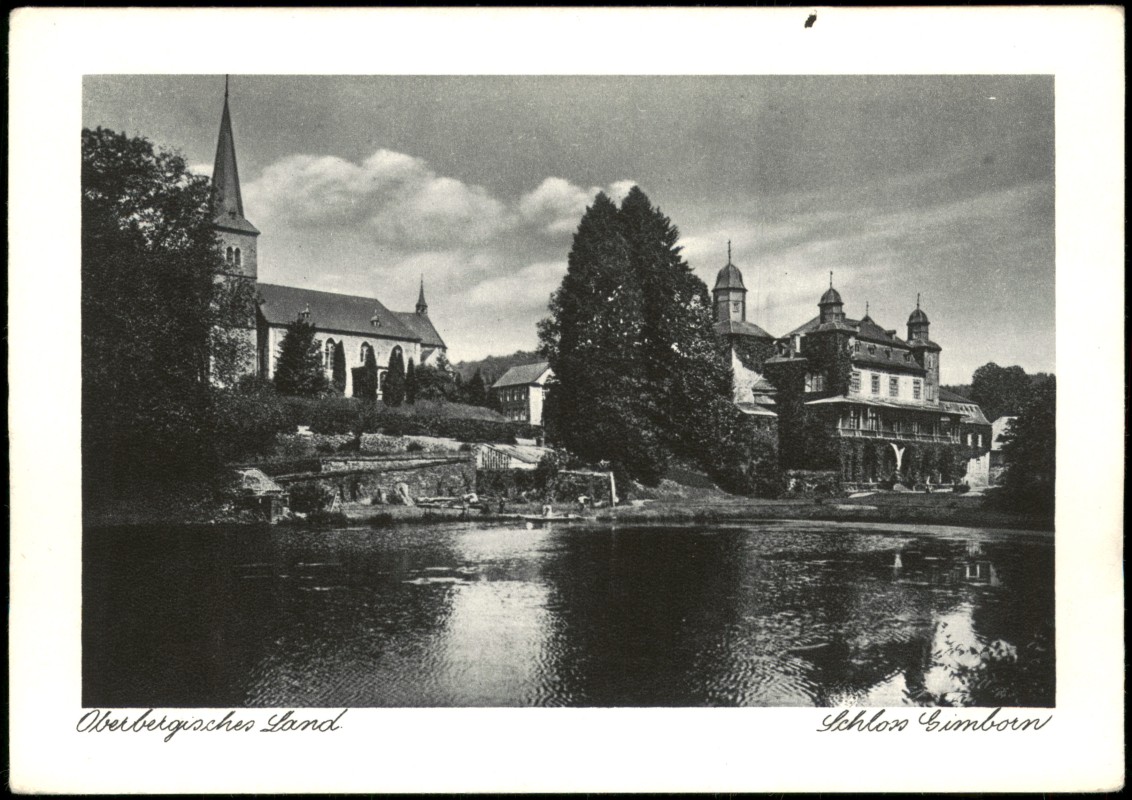 zoom: Image side vintage Postcard from 1959: Schloss Gimborn mit Kirche St. Johannes Baptist und Schlossteich:: Gimborn-Marienheide