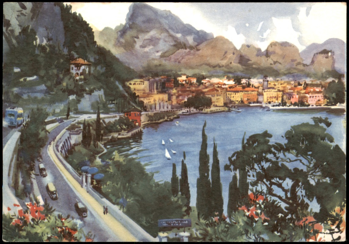 vergrößern: Bildseite historische Ansichtskarte von 1964: Veduta panoramica, Künstlerkarte:: Riva del Garda
