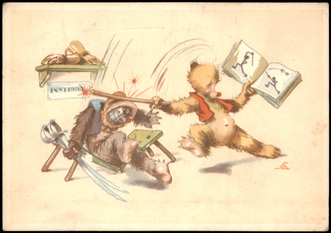 vergrößern: Bildseite historische Ansichtskarte von 1940: Kinder Künstlerkarte Personifizierte Tiere im Streit::