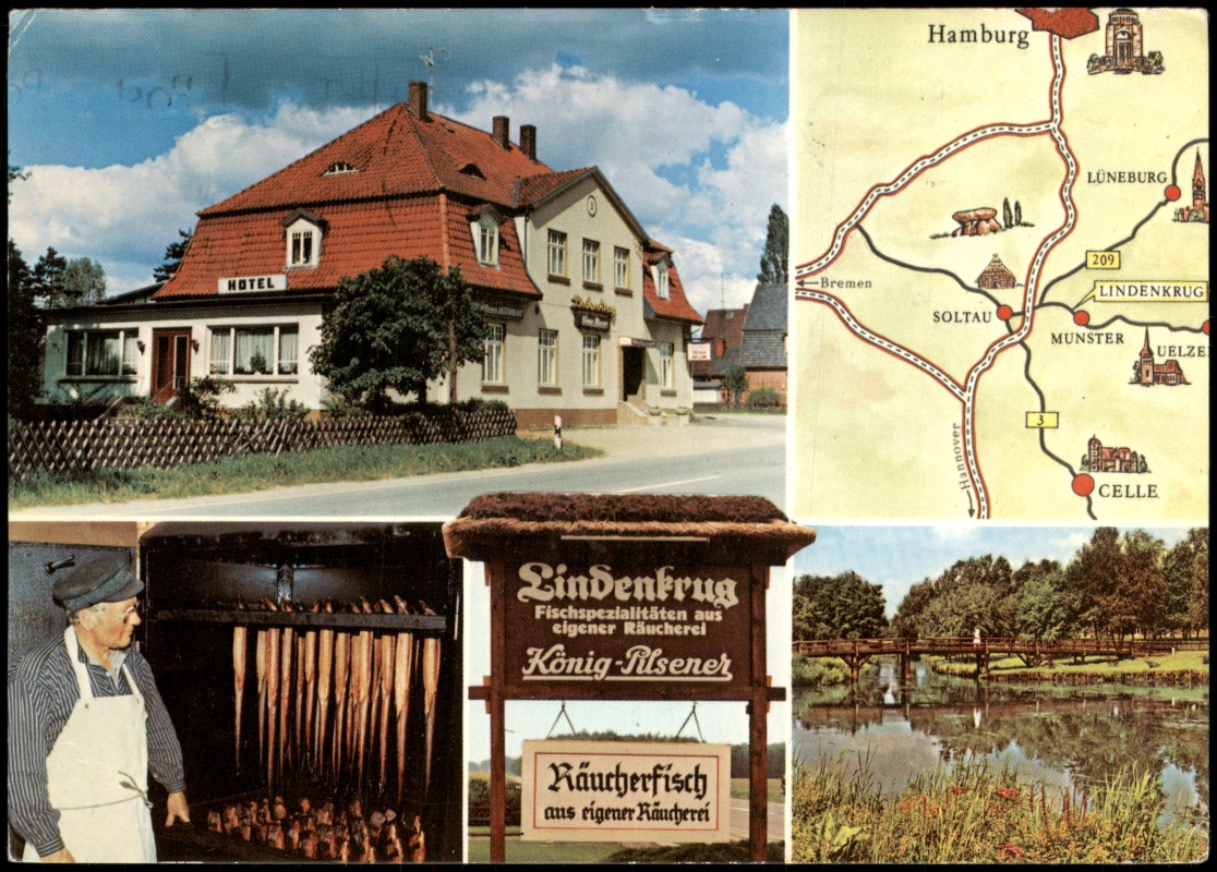 vergrößern: Bildseite historische Ansichtskarte von 1965: Lindenkrug Lüneburger Heide:: Munster (Örtze)
