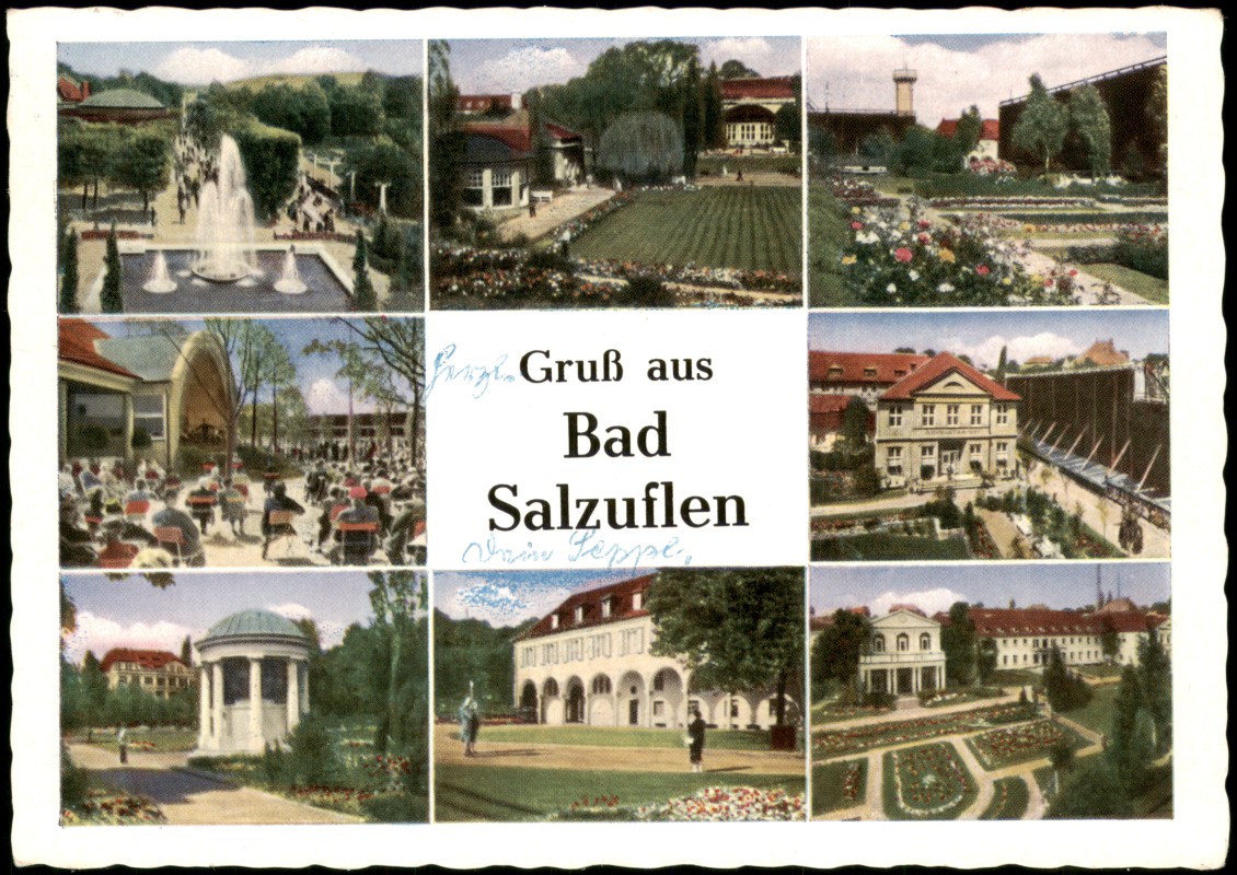 vergrößern: Bildseite historische Ansichtskarte von 1958: Stadtteilansichten mehrbild:: Bad Salzuflen