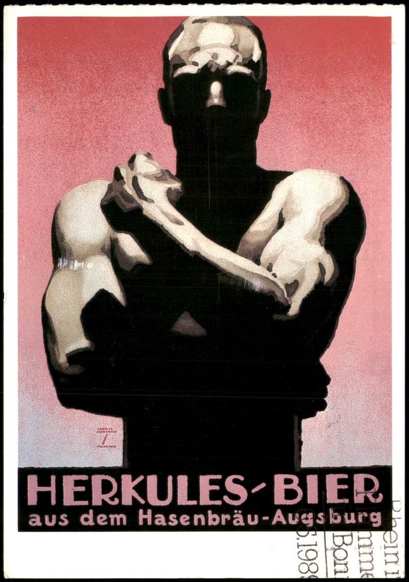 vergrößern: Bildseite historische Ansichtskarte von 1989: Werbeplakat Herkules-Bier (Hasenbräu-Augsburg)::