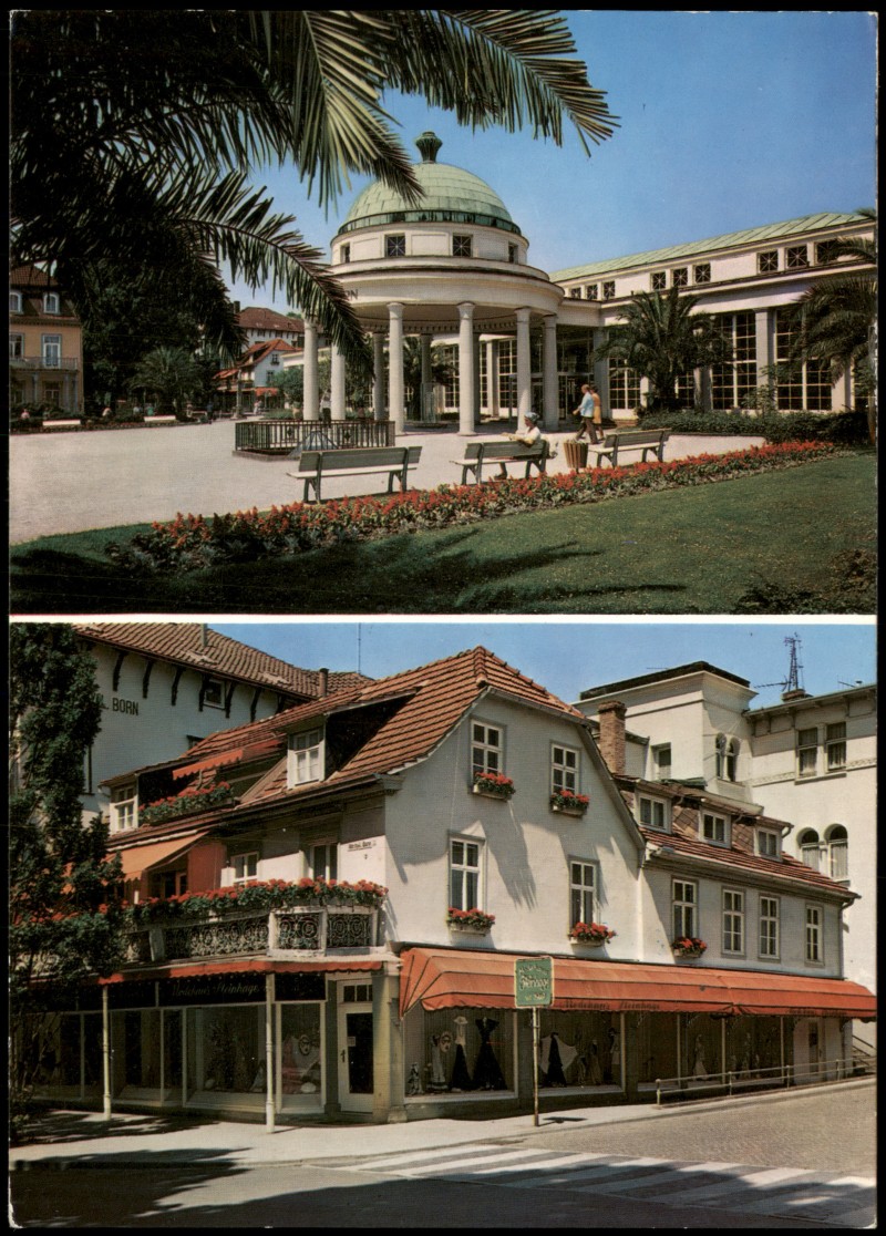 zoom: Image side vintage Postcard from 1980: Wandelhalle am Hylligen Born und Modehaus Steinhage:: Bad Pyrmont