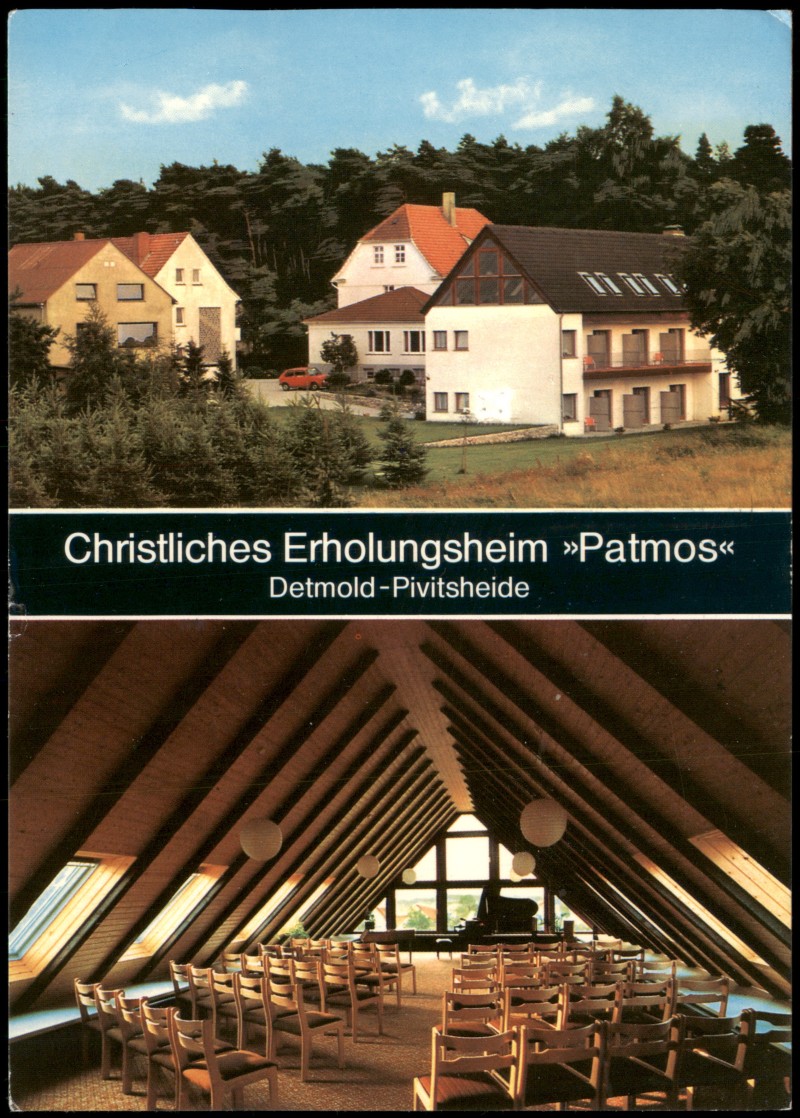 zoom: Image side vintage Postcard from 1980: Christliches Erholungsheim Patmos, Außenansicht und Saal:: Pivitsheide-Detmold