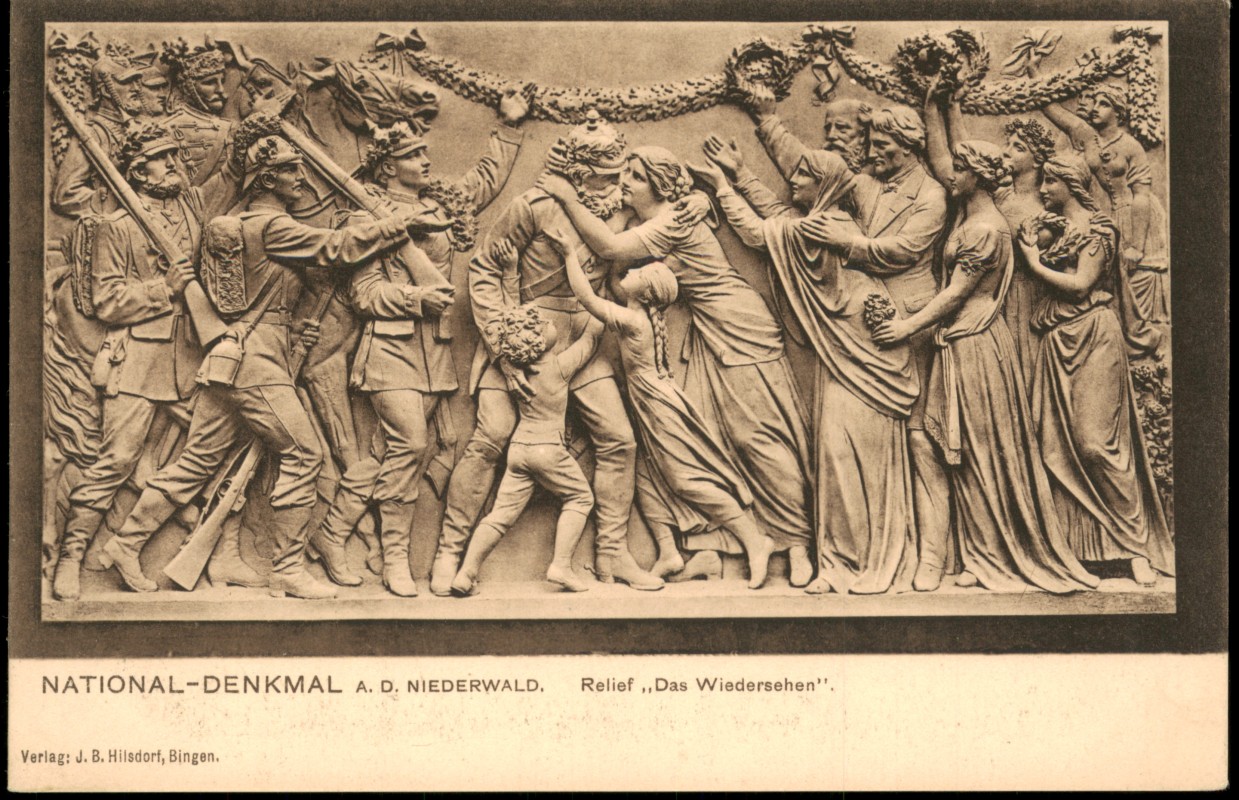 vergrößern: Bildseite historische Ansichtskarte von 1913: National-Denkmal Niederwalddenkmal Relief Das Wiedersehen:: Rüdesheim (Rhein)