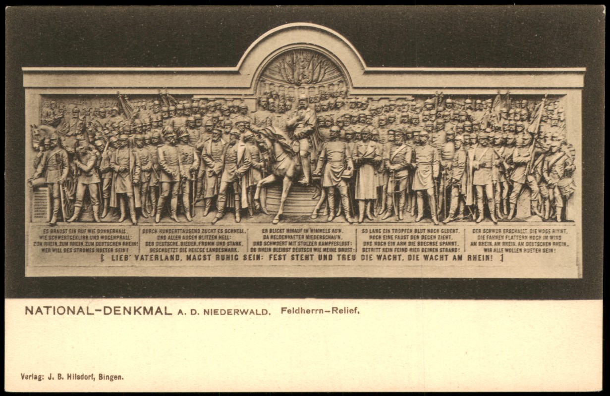 vergrößern: Bildseite historische Ansichtskarte von 1912: Niederwalddenkmal Feldherrnrelief:: Rüdesheim (Rhein)