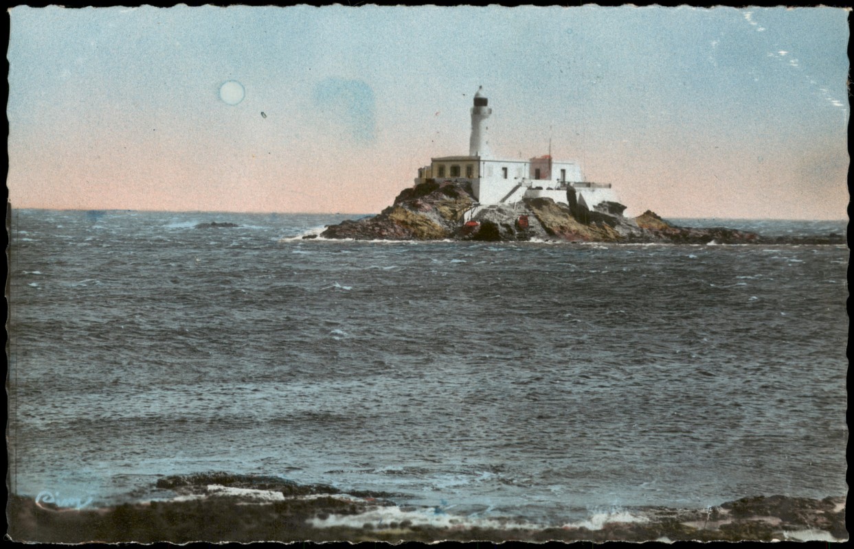 zoom: Image side vintage Postcard from 1950: Leuchtturm auf Felseninsel:: Arzew