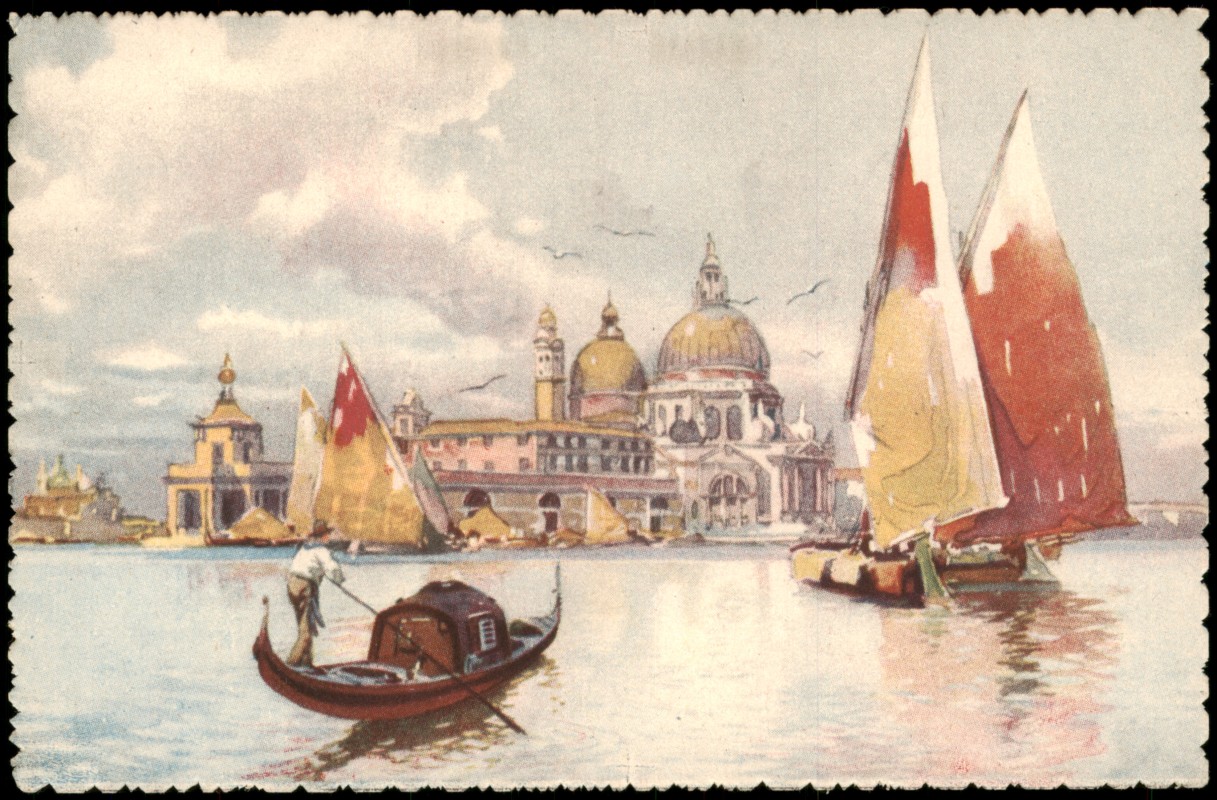 zoom: Image side vintage Postcard from 1927: Künstlerkarte Chiesa della Salute. Gondel Segelboot:: Venice