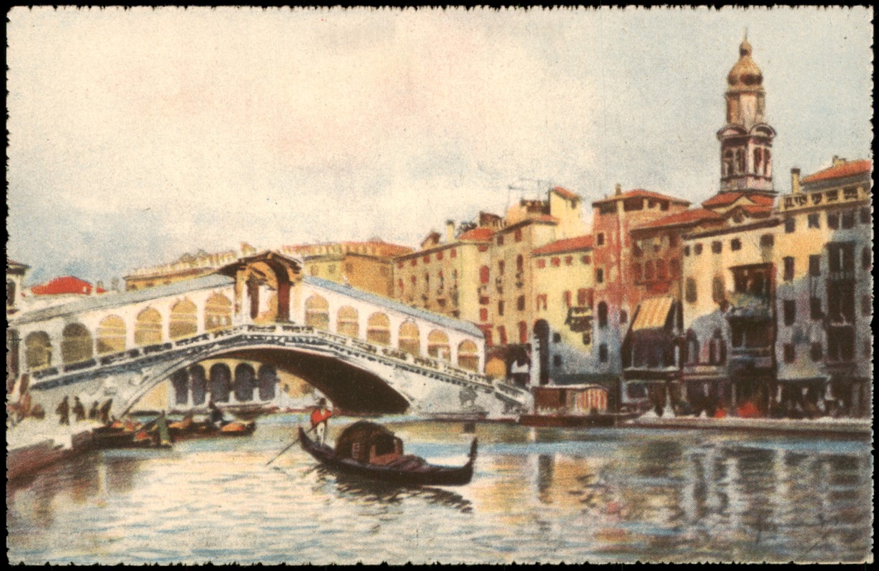 vergrößern: Bildseite historische Ansichtskarte von 1926: Künstlerkarte Ponte di Rialto Brücke:: Venedig