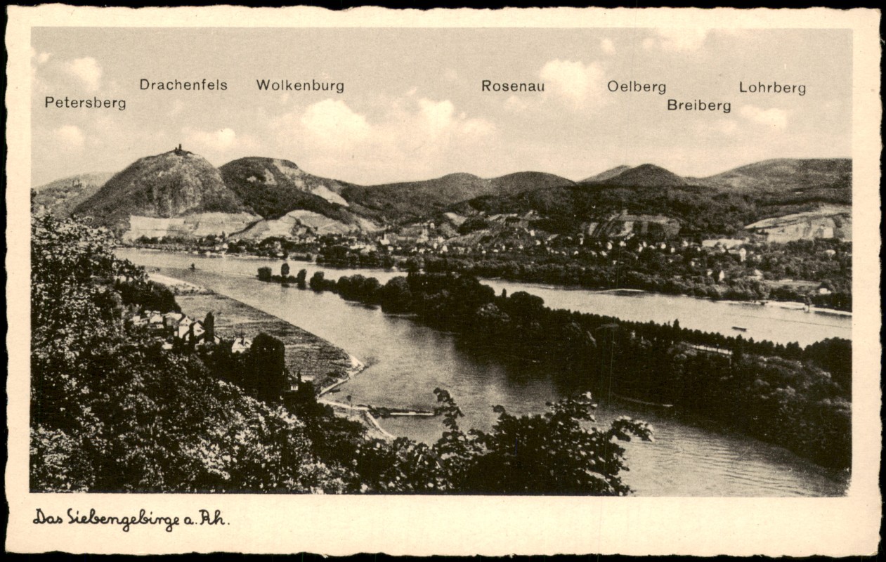 zoom: Image side vintage Postcard from 1950: Panorama-Ansicht des Siebengebirges am Rhein:: Königswinter