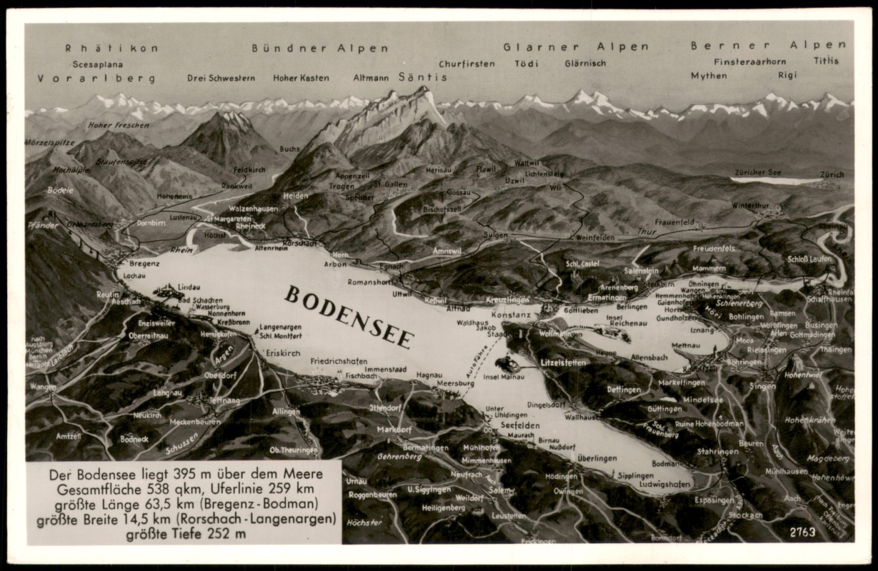 vergrößern: Bildseite historische Ansichtskarte von 1960: Der Bodensee Landkarten AK Fotomontage::
