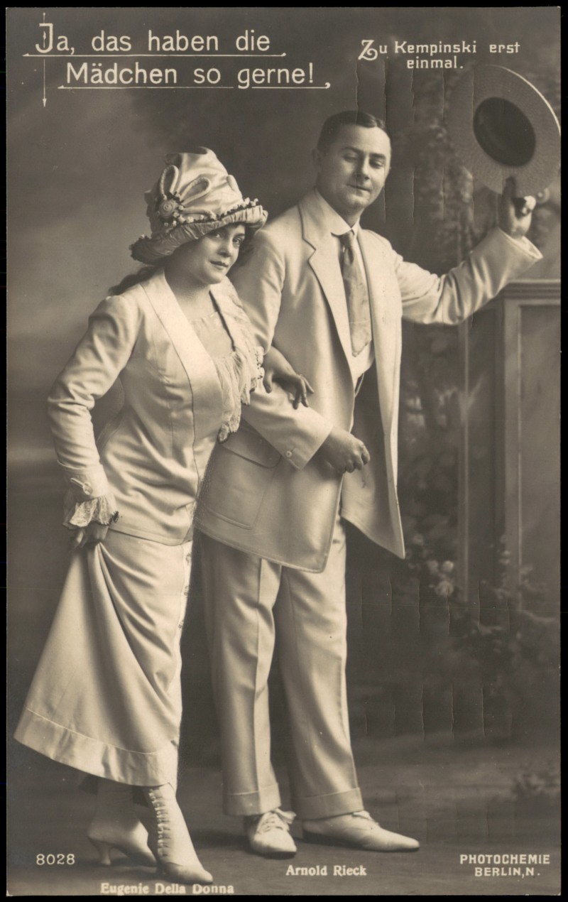 vergrößern: Bildseite historische Ansichtskarte von 1912: Schauspieler-Porträt Arnold Rieck und Eugenie Della Donna zu Kempinski::