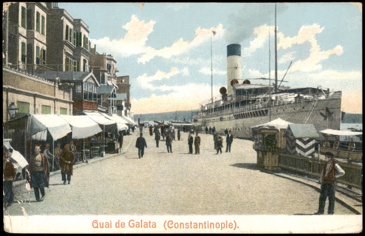 zoom: Image side vintage Postcard from 1910: Quai de Galata Constantinople Schiff am Hafen-Kai:: Istanbul