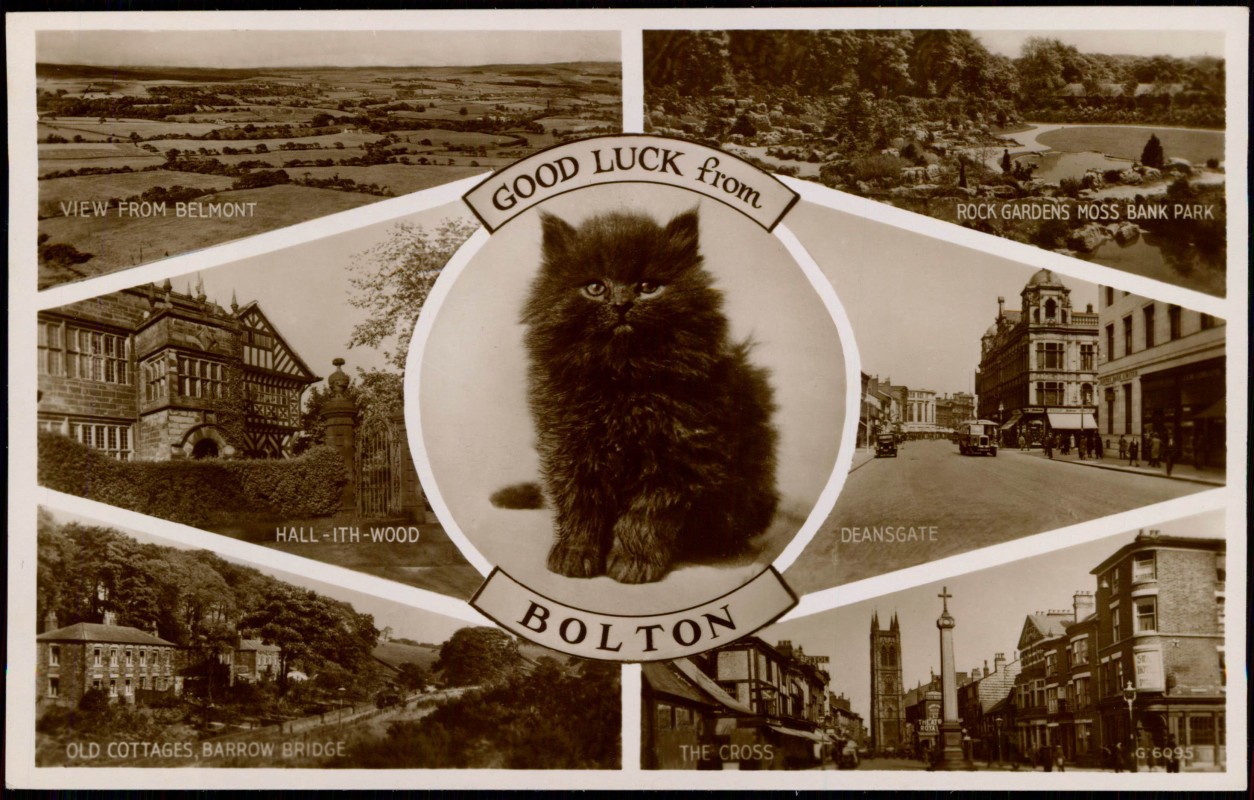 zoom: Image side vintage Postcard from 1932: Stadtteilansichten Deansgate Old Cottage:: Bolton Greater Manchester