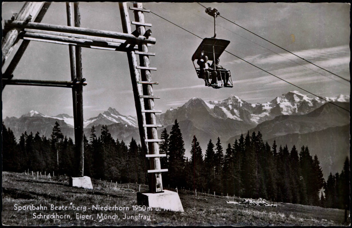 zoom: Image side vintage Postcard from 1964: Sportbahn Niederhorn Eiger, Mönch, Jungfrau Sessellift:: Beatenberg