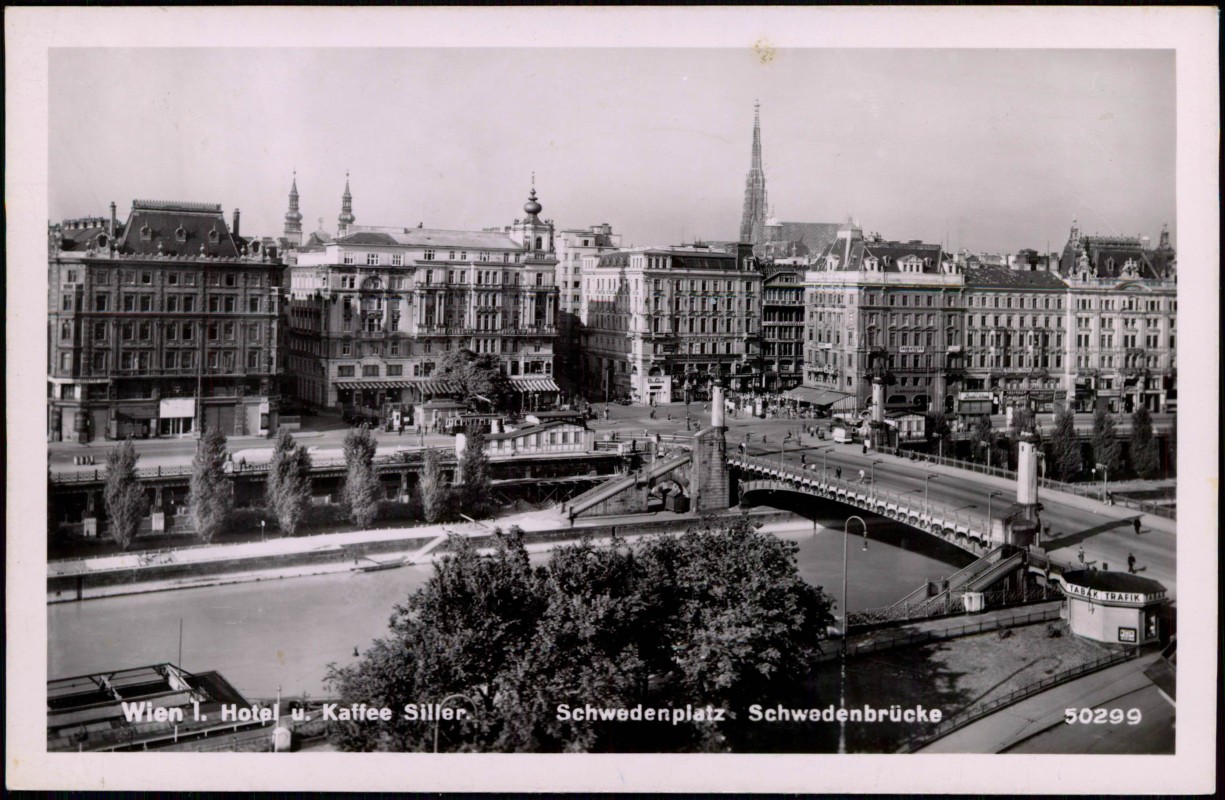 zoom: Image side vintage Postcard from 1952: Hotel u. Kaffee Siller Schwedenplatz:: Vienna