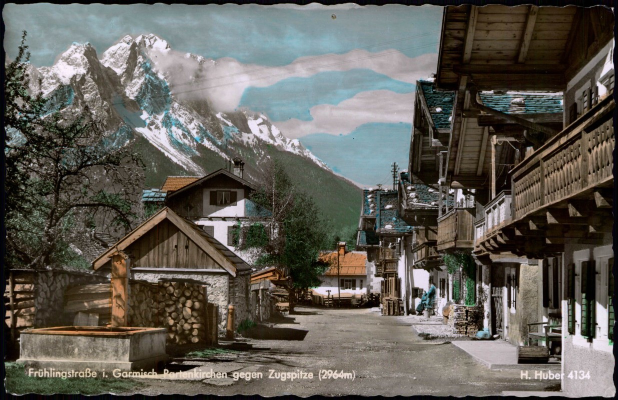 zoom: Image side vintage Postcard from 1960: Frühlingstraße gegen Zugspitze (2964m):: Garmisch-Partenkirchen