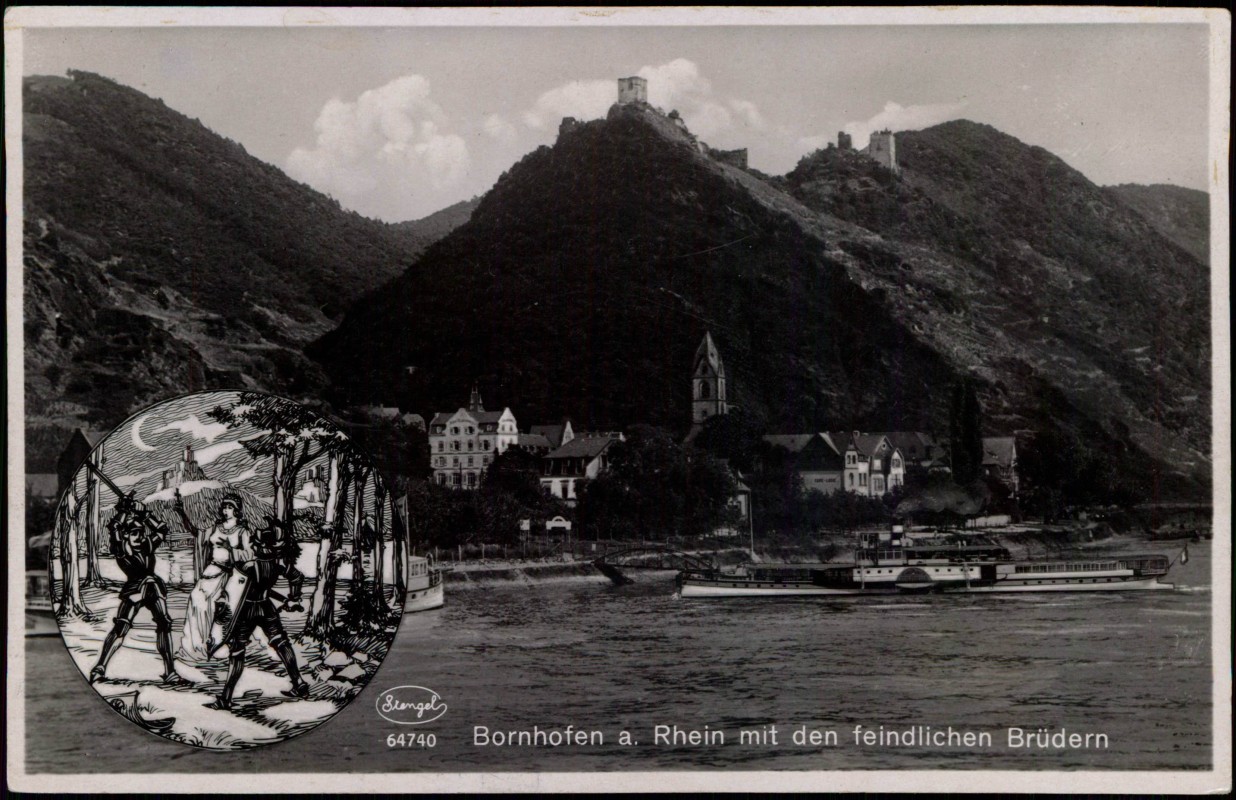 vergrößern: Bildseite historische Ansichtskarte von 1930: Panorama-Ansicht Rhein Dampfer mit den feindlichen Brüdern:: Bornhofen-Kamp-Bornhofen
