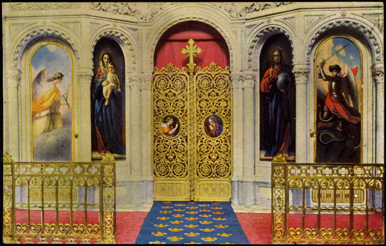 vergrößern: Bildseite historische Ansichtskarte von 1915: Griechische Kapelle Ikonostasis Altarwand:: Wiesbaden