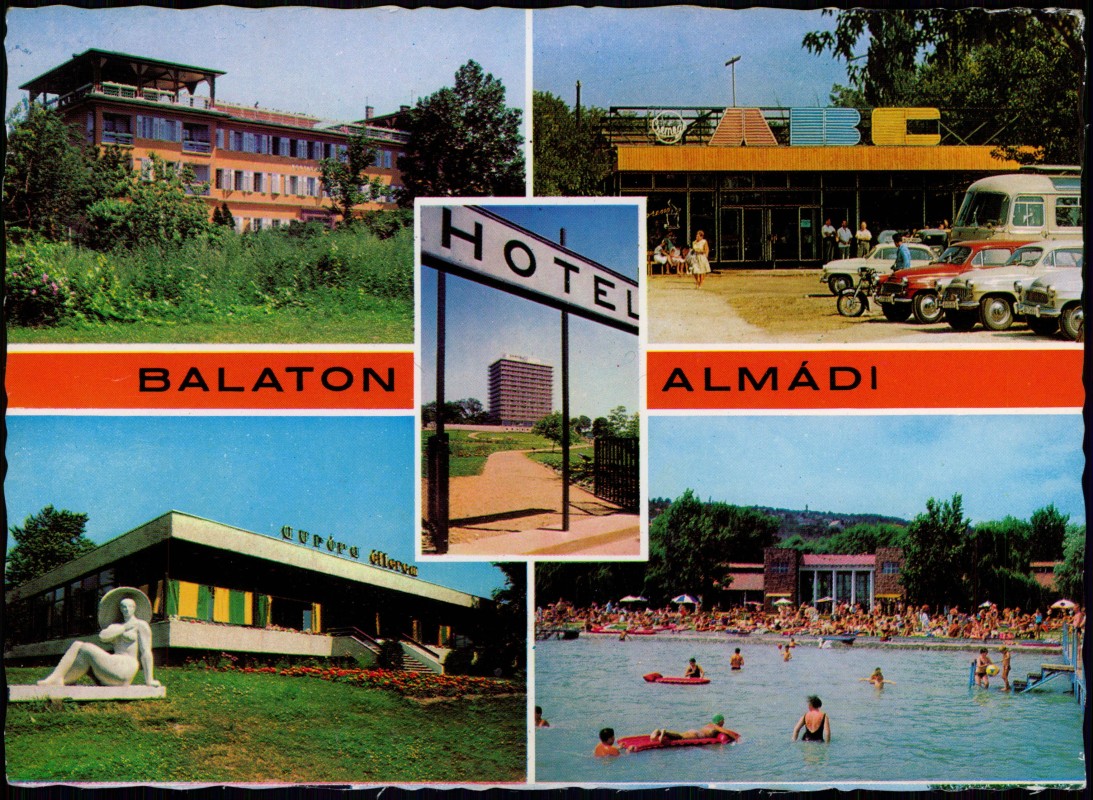 vergrößern: Bildseite historische Ansichtskarte von 1976: Mehrbild Schwimmbad Hotels:: Balatonalmádi