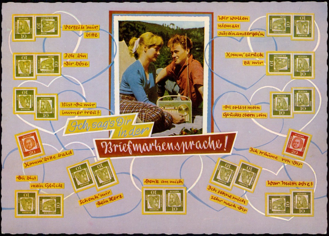 zoom: Image side vintage Postcard from 1968: Briefmarken Briefmarkensprache Liebespaar Liebe::