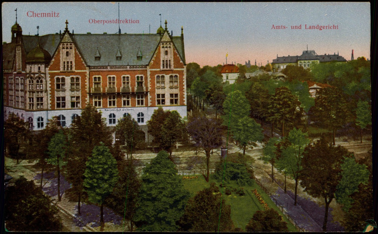 vergrößern: Bildseite historische Ansichtskarte von 1913: Oberpostdirektion  Amts- und Landgericht:: Chemnitz