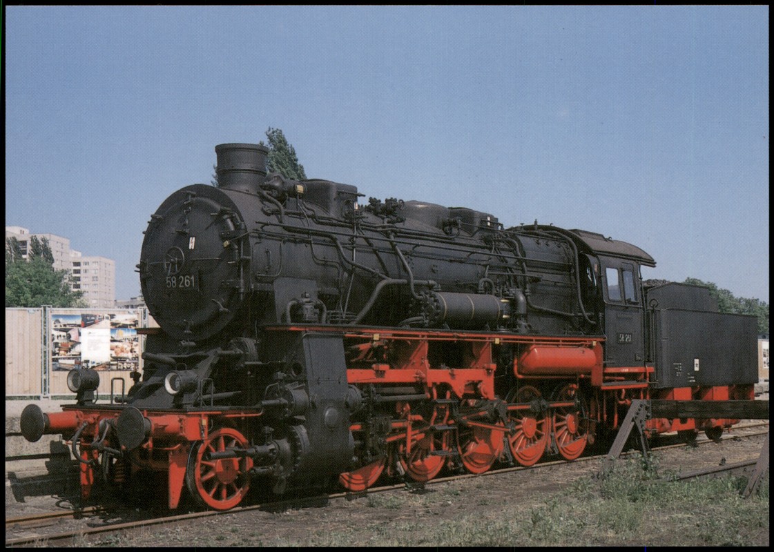 vergrößern: Bildseite historische Ansichtskarte von 1990: Dampflokomotive 58 261 (ehem. bad. G 12)::