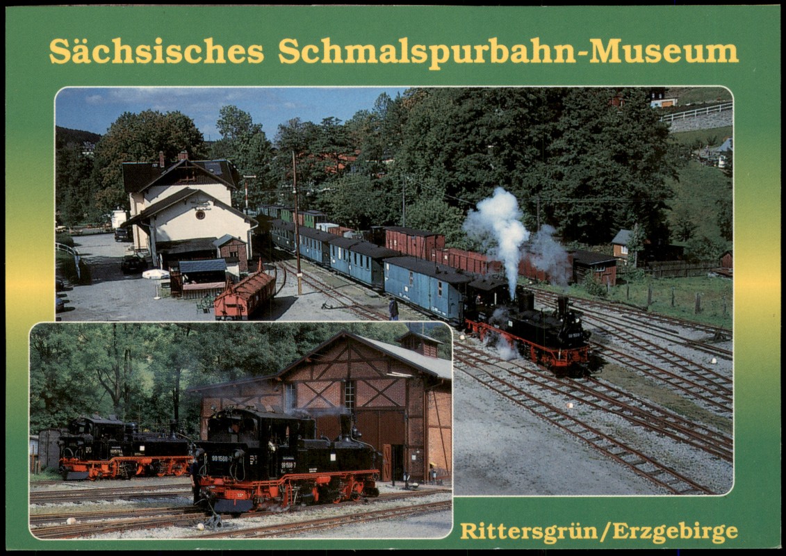 vergrößern: Bildseite historische Ansichtskarte von 2001: Dampflokomotiven im Sächsischen Schmalspurbahn-Museum:: Rittersgrün-Breitenbrunn (Erzgebirge)