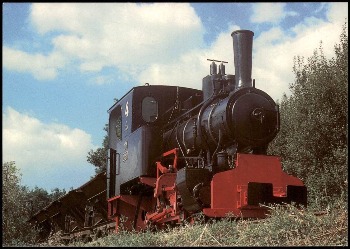 vergrößern: Bildseite historische Ansichtskarte von 1995: Dampflok Lok 4 mit Lorenzug Gillbachbahn Feldbahnmuseum Oekoven:: Oekoven-Rommerskirchen