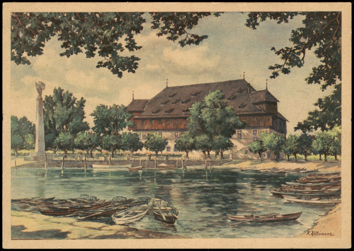 vergrößern: Bildseite historische Ansichtskarte von 1940: Konzilgebäude Gondelhafen nach Gemälde:: Konstanz